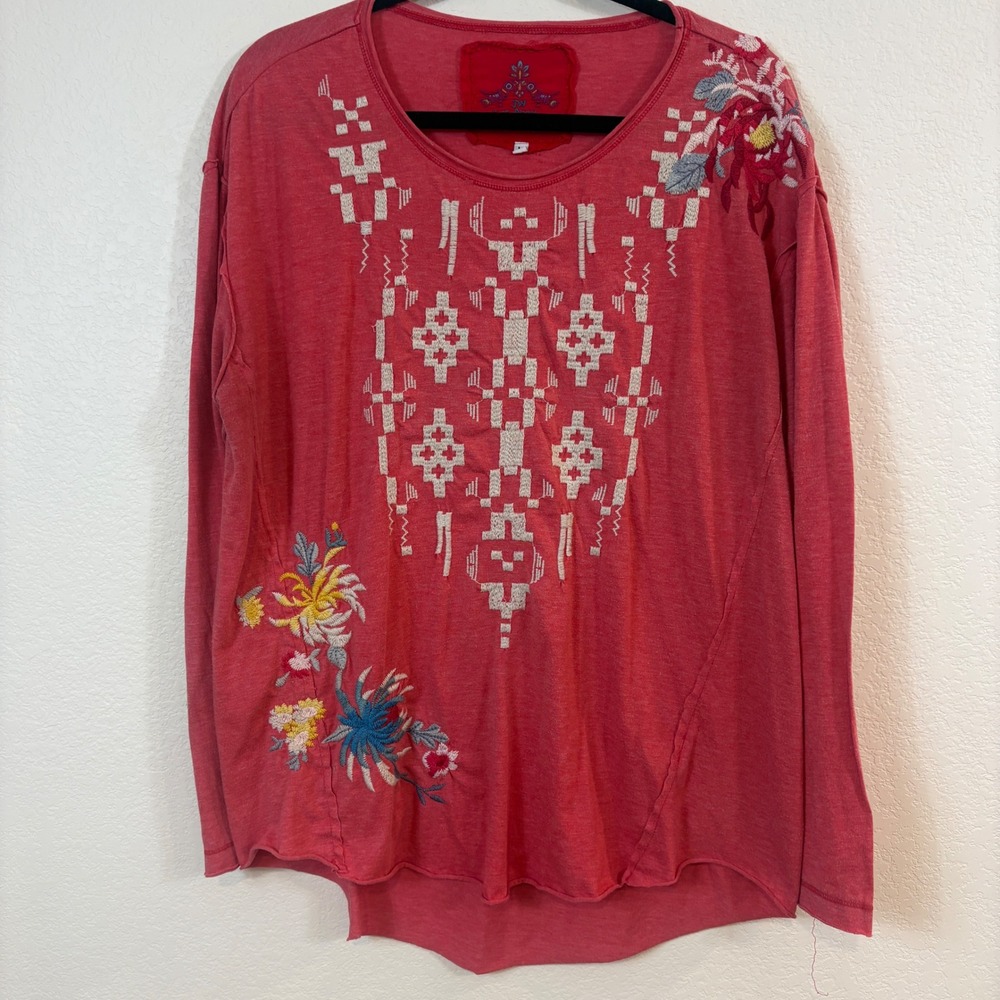 JW Los Angeles Tunic Top M Red Embroidered Oversized Johnny Was Boho Western